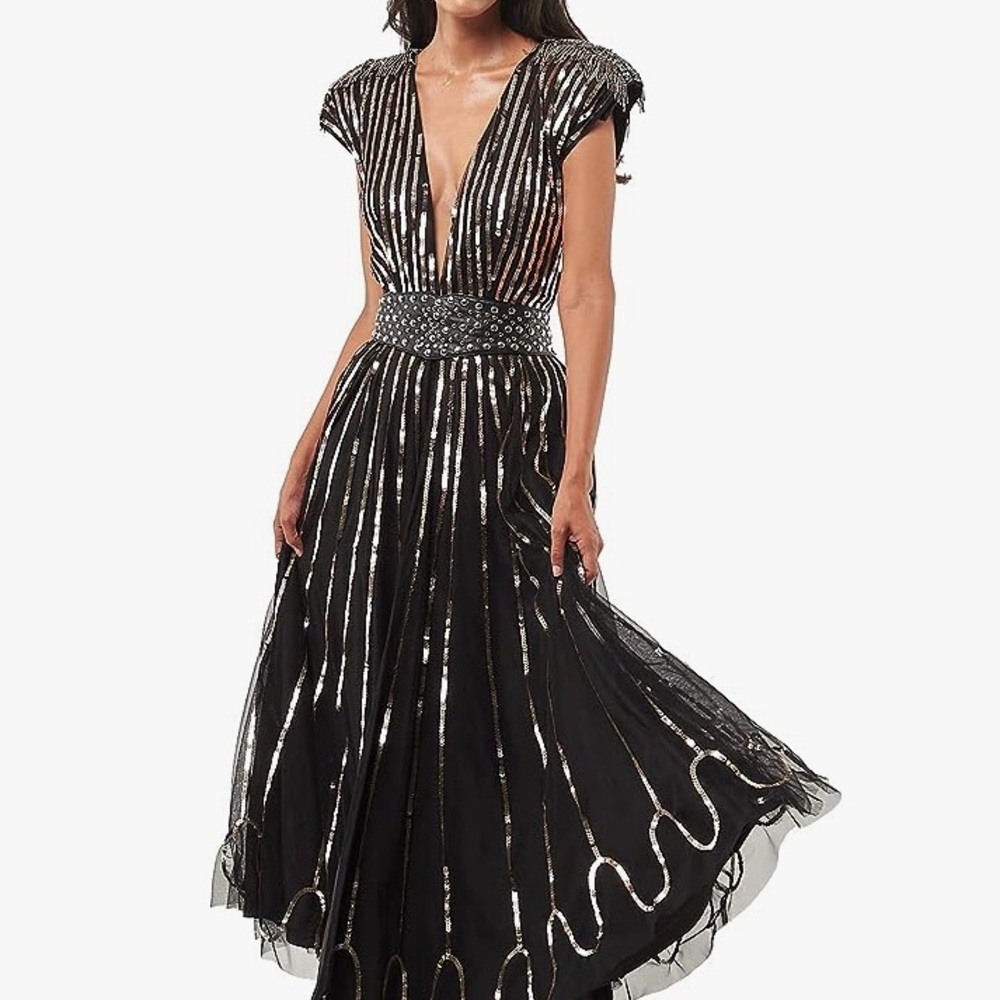 Sarkisisan sequin Dress w/deep V neck